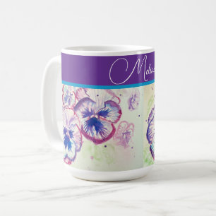 Taza De Café Hermoso Floral Pastel Pansy Púrpura Acuarela