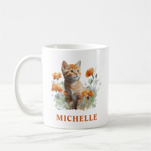 Taza De Café Hermoso gatito rojizo y flores en acuarela