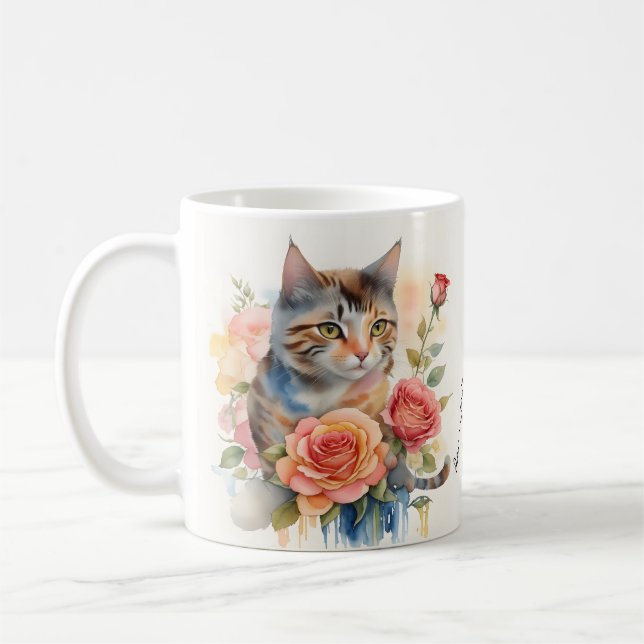 Taza De Café Hermoso gato acuarela con mensaje Personalizado (Izquierda)