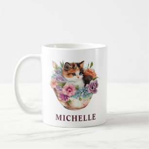 Taza De Café Hermoso gato calicó y flores en acuarela