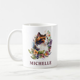Taza De Café Hermoso gato calicó y flores en acuarela