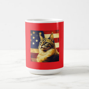 Taza De Café Hermoso Gato Con Antecedentes De Bandera Americana