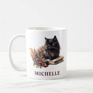 Taza De Café Hermoso gato negro y flores en acuarela