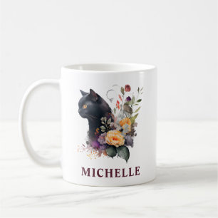 Taza De Café Hermoso gato negro y flores en acuarela
