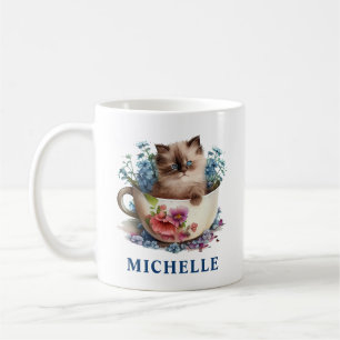 Taza De Café Hermoso gato ragdoll y flores azules en acuarela
