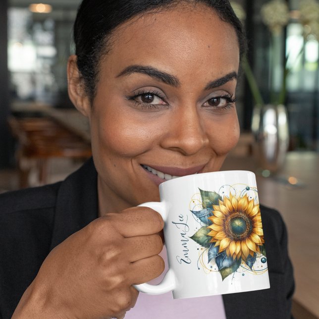 Taza De Café Hermoso Girasol y Denim Monogramado (Subido por el creador)