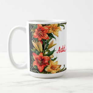 Taza De Café Hermoso marco floral con flores rojas y amarillas