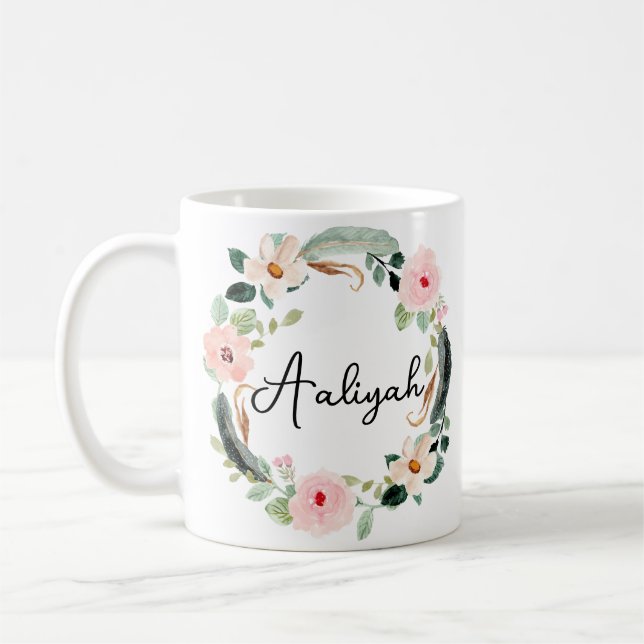 Taza De Café Hermoso Monograma con nombre floral (Izquierda)
