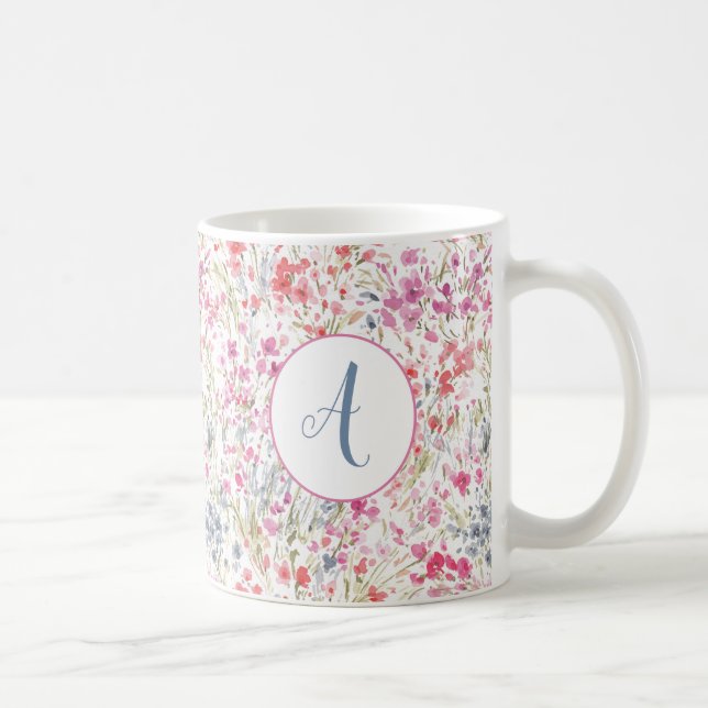 Taza De Café Hermoso monograma de acuarela de flores silvestres (Derecha)
