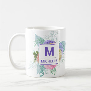 Taza De Café Hermoso Monograma de Flores de Primavera en Pastel