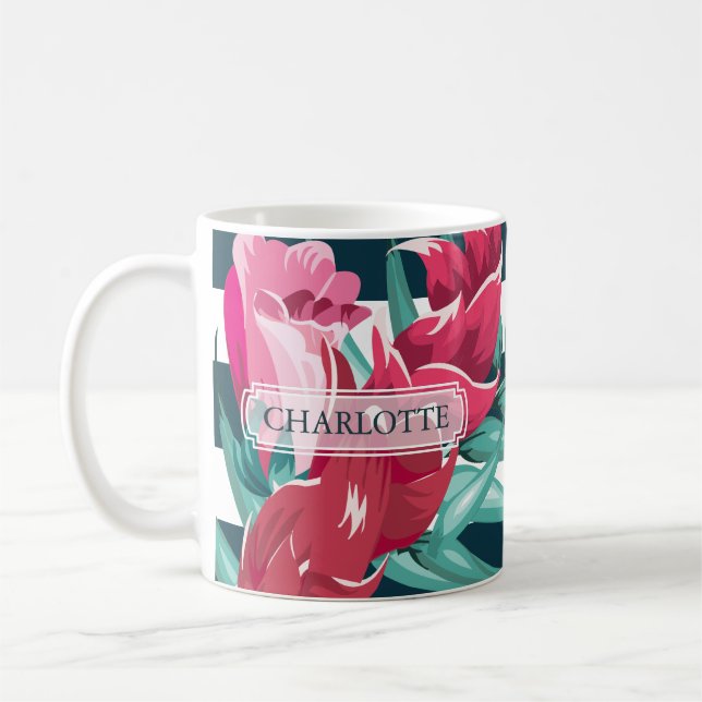 Taza De Café Hermoso Monograma de flores exóticas a rayas (Izquierda)