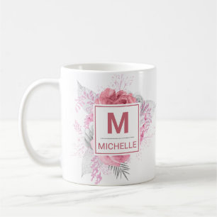 Taza De Café Hermoso Monograma de Flores Rosadas, Blancas y Pla