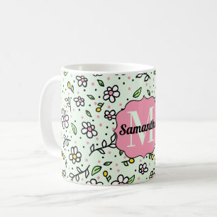 Taza De Café Hermoso Monograma de Patrón Lindo de Flores Daisy