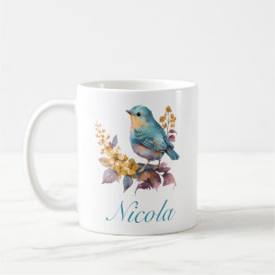 Taza De Café Hermoso pájaro azul y flores en acuarela