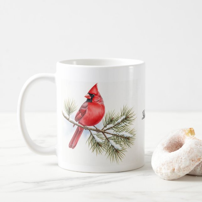 Taza De Café Hermoso pájaro cardinal en rama personalizado (Con donut)