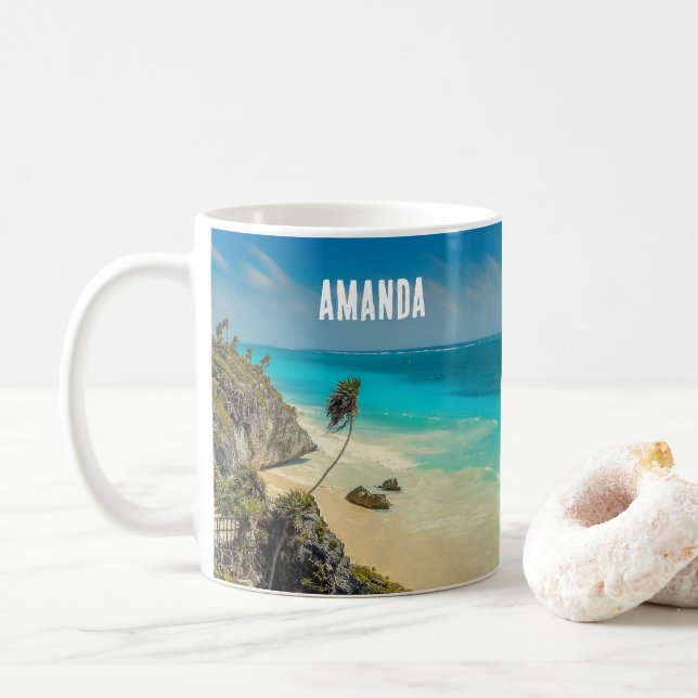Taza De Café Hermoso paraíso tropical de arena (Con donut)
