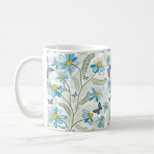 Taza De Café Hermoso patrón de floral azul Pastel dibujado a ma