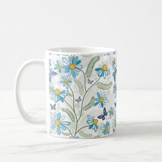 Taza De Café Hermoso patrón de floral azul Pastel dibujado a ma (Izquierda)