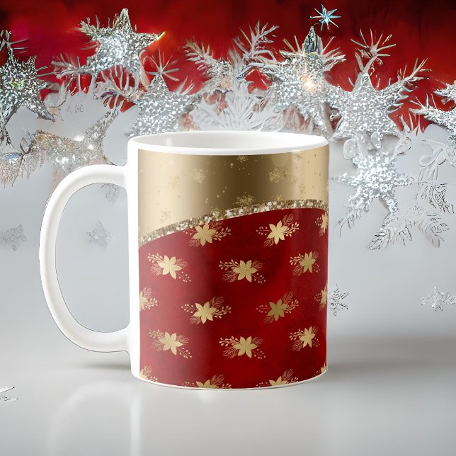 Taza De Café Hermoso patrón floral rojo profundo con cinta dora (Subido por el creador)