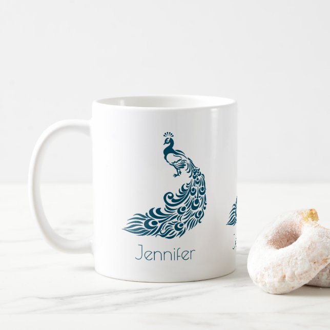 Taza De Café Hermoso Personalizado del Ilustracion Blue Peacock (Con donut)