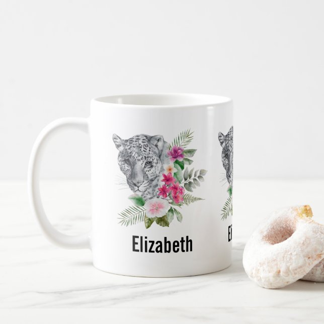 Taza De Café Hermoso retrato de cabeza de leopardo en acuarela (Con donut)