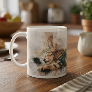 Taza De Café Hermoso y lindo gatito durmiendo acuarela