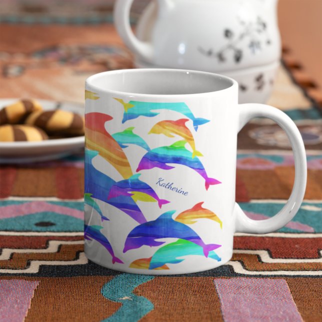 Taza De Café Hermosos delfines en arcoiris con nombre (Subido por el creador)