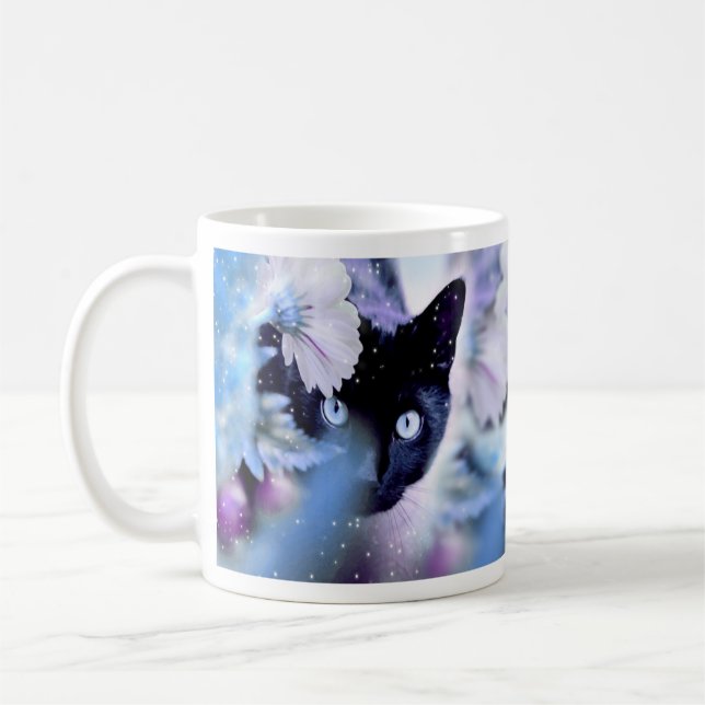 Taza De Café Hermosos gatos negros con flores (Izquierda)