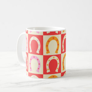 Taza De Café Herradura Retro a Cuadros en Naranja Rojo y Rosa 