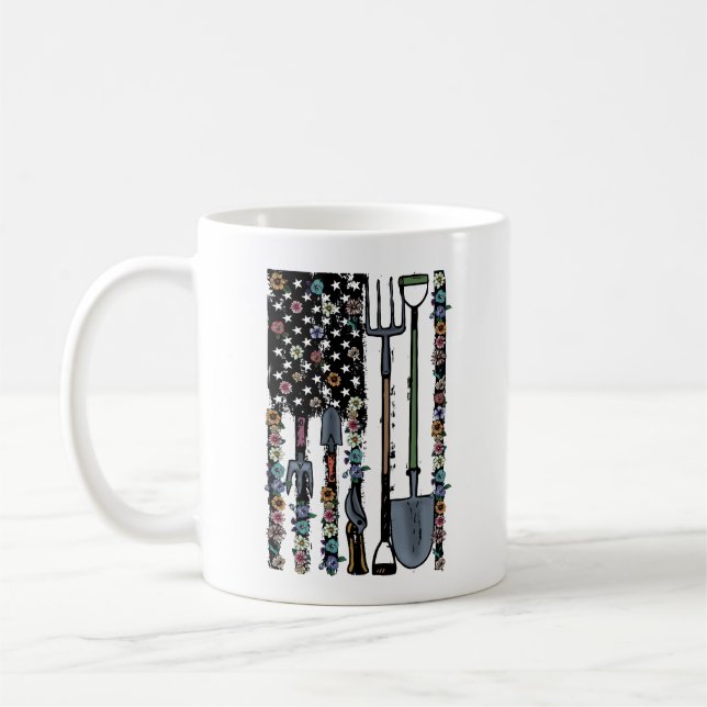 Taza De Café Herramientas Shovel Rake American Flag Gardener (Izquierda)