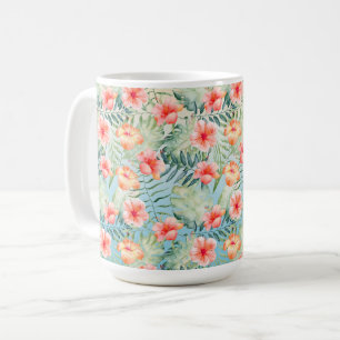 Taza De Café Hibisco floral aqua rosa melocotón