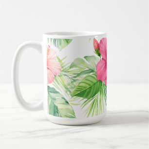 Taza De Café Hibisco Rosa Palma Tropical Acuarela