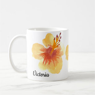 Taza De Café Hibisco Tropical Mano de Acuarela Nombre de Mamá