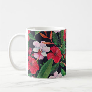 Taza De Café hibiscos rojos, orquídeas, acuarela tropical.