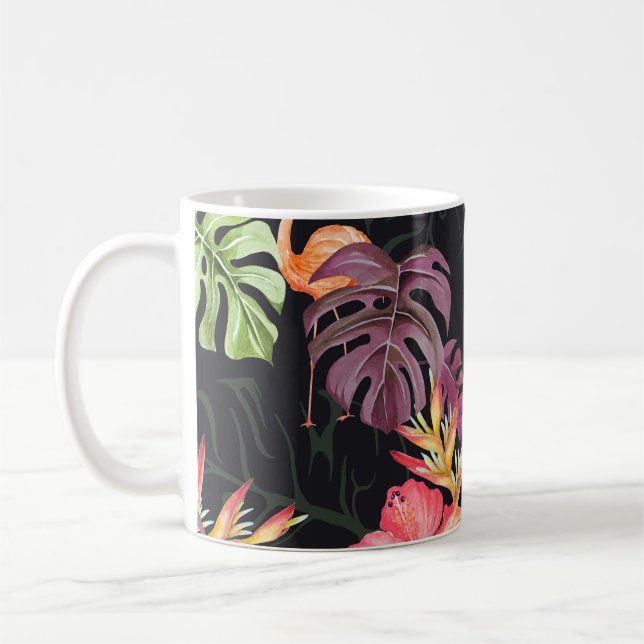 Taza De Café Hibiscus, Flamingos, Patrón tropical acuarela. (Izquierda)