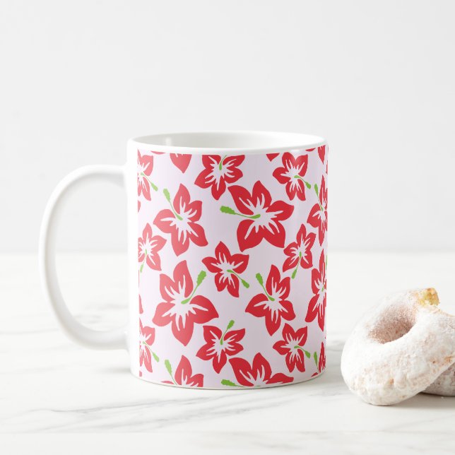 Taza De Café Hibiscus Rojo, Flores Rojas, Patrón De Flores (Con donut)