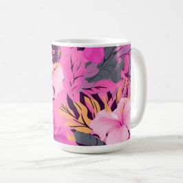Taza De Café Hibiscus Tropical Rosa - Diseño floral Leafy