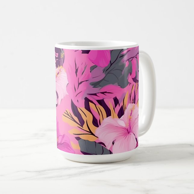 Taza De Café Hibiscus Tropical Rosa - Diseño floral Leafy (Anverso derecho)