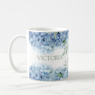 Taza De Café Hidrangea Azul Floral Personalizada