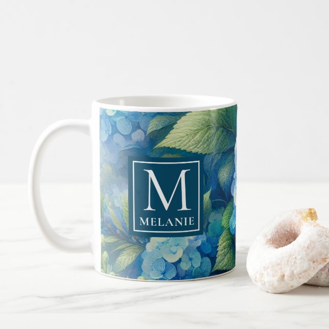 Taza De Café Hidrangea azul Mug con monograma Personalizado (Con donut)