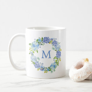 Taza De Café Hidrangea Azul Wreath Floral Monograma Café Mug