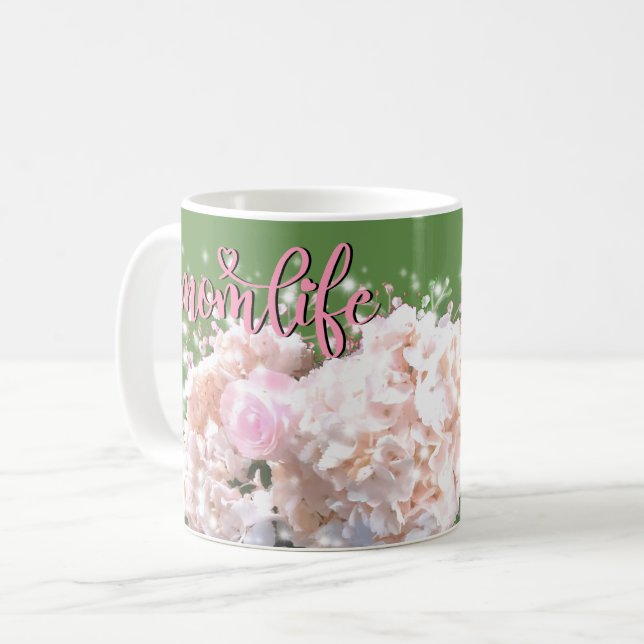 Taza De Café Hidrángulos de encaje blanco románticos, rosas ros (Anverso izquierdo)