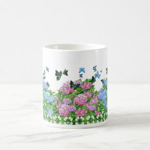 Taza De Café Hidrángulos y mariposas rosadas, azules, verdes