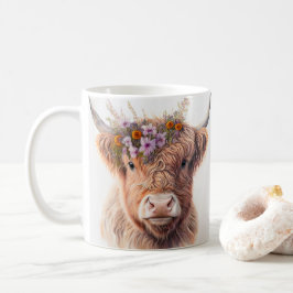 Taza De Café Highland Cow with Floral Crown Watercolor Illustra