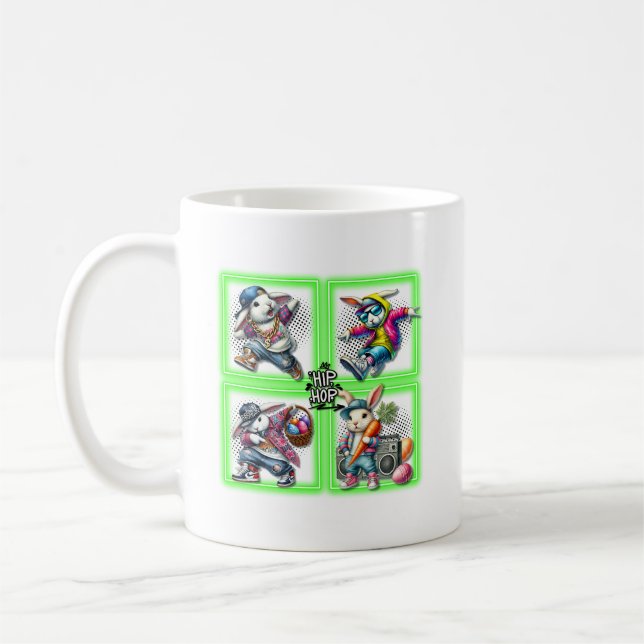 Taza De Café Hip Hop Easter Bunny Buddies, Neon Green | (Izquierda)