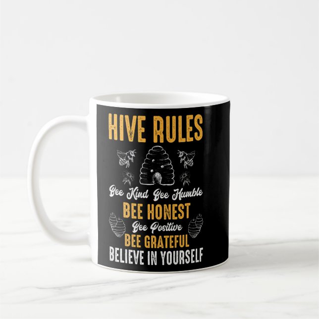 Taza De Café Hive Rules Bee Kind Bee Humble Bee Pun (Izquierda)