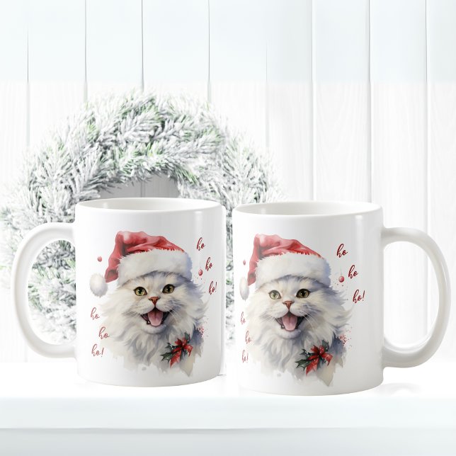 Taza De Café ¡Ho Ho Ho Ho Ho! Gracioso Cat Santa Mug (Funny Cute white cat with Santa Hat Mug)