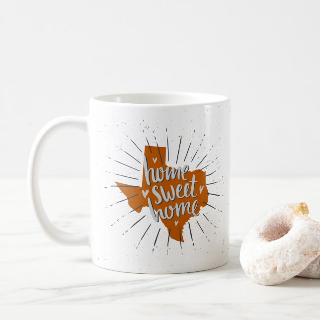 Taza De Café Hogar Naranja quemado de Longhorn, Dulce Hogar Tex (Con donut)