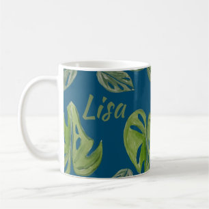 Taza De Café Hoja de Monstera Adansonii acuarela azul a mano