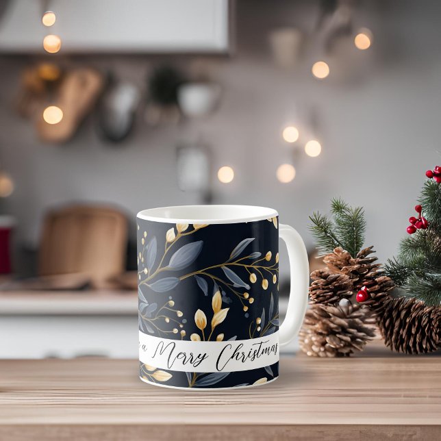 Taza De Café Hoja De Navidades Modernos, Azules Y Oro (Gold and Blue Leaf Merry Christmas Coffee Mug)
